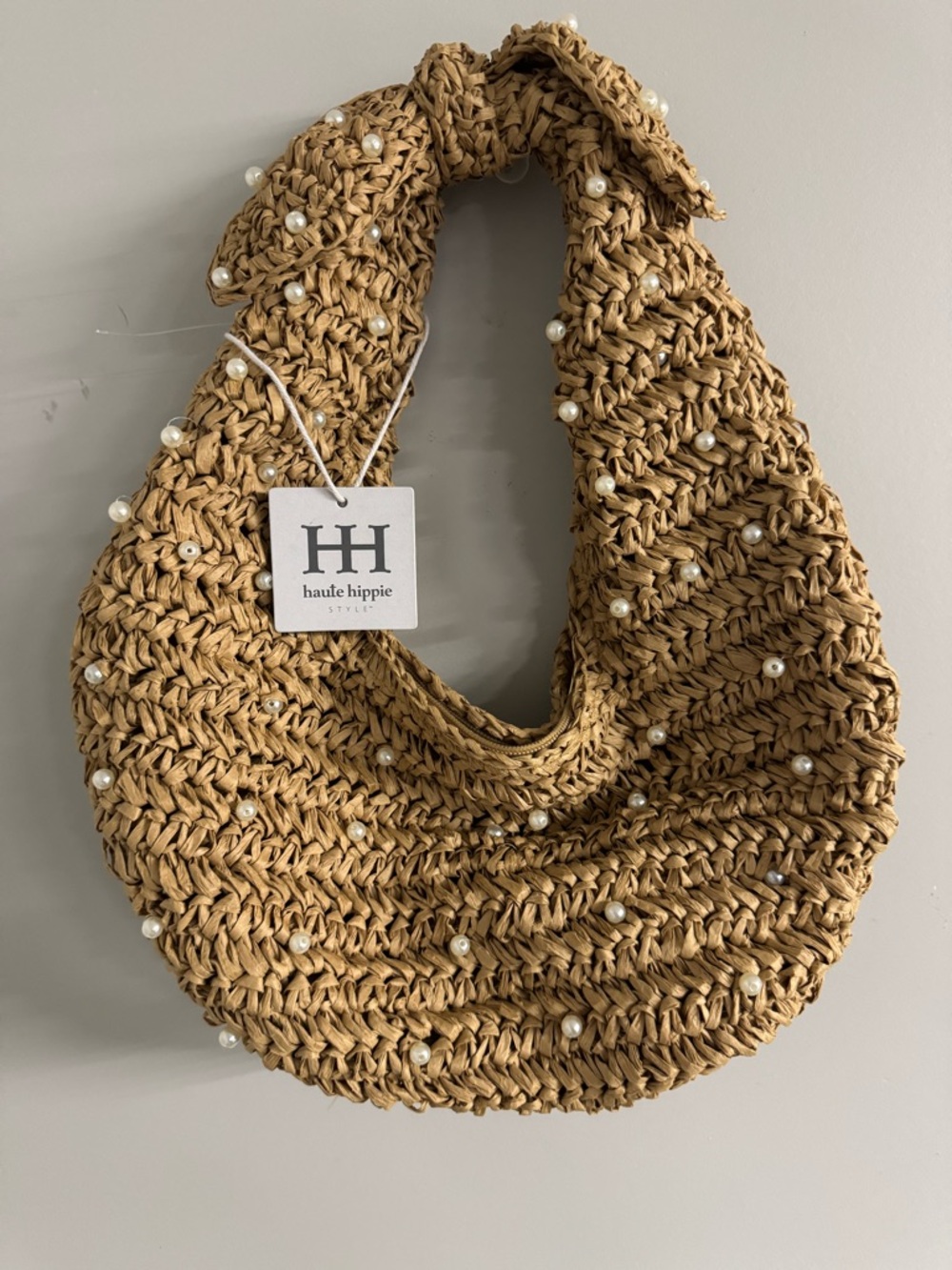 Haute Hippie Tan Woven Pearl-Embellished Hobo Bag
